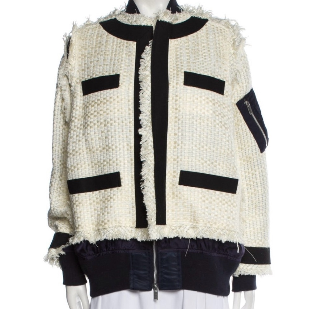 Sacai Women's Cream and Navy Tweed Bomber Jacket. Size M. In excellent condition
